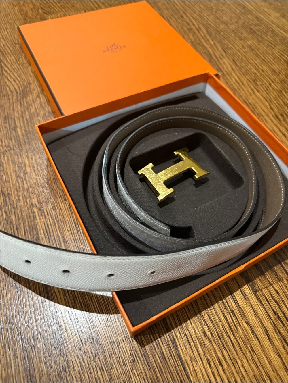 Hermes Reversible White and Gray Leather Belt with Gold H Buckle
